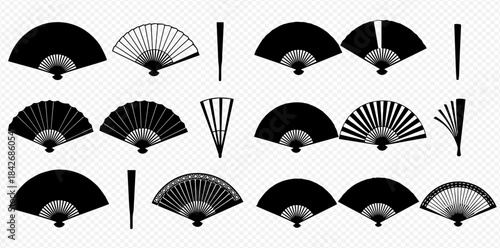 Set of traditional Japanese and Chinese folding hand fans in various open and closed positions.