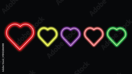 Collection of ten vibrant neon heart outlines glowing brightly against a stark perfect for digital love and romance graphics