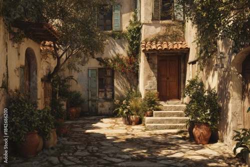 Quaint European courtyard scene with stone pathway, weathered building facades, potted plants, and a classic Mediterranean ambiance.