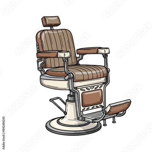 Barber chair illustration in vintage style against white background, hair salon equipment concept