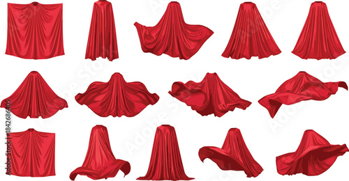 Set of red superhero capes isolated on white background featuring various flowing and flying positions for hero costume design flat vector illustration.