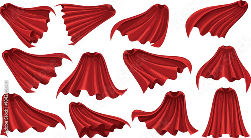 Set of red superhero capes, flowing fabric cloak illustrations, dynamic costume elements for fantasy characters, comic artwork, and hero design projects