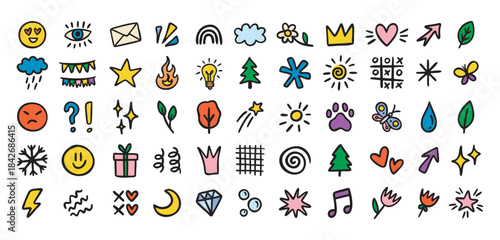 Cute mini doodle icons for primary school, smiles and symbols, colorful, hand drawn