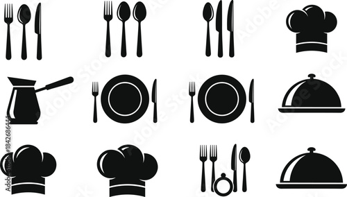 Set of restaurant icons, cutlery fork spoon knife, chef hat symbol, serving cloche dish, food menu design, kitchen cooking flat vector illustration