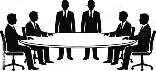 Business meeting around large round table with executives discussing strategy, leadership teamwork and corporate decision-making silhouette illustration
