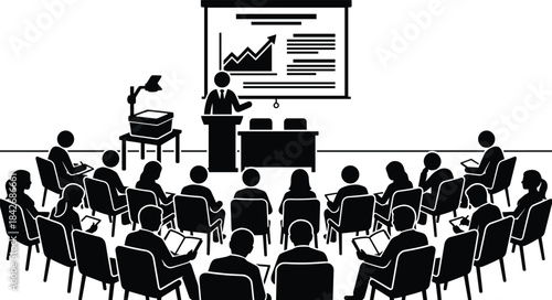Business presenter speaking to large audience in seminar hall with projection screen and attendees taking notes
