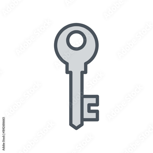Simple illustration of a vintage key with a circular head and a notched bit.