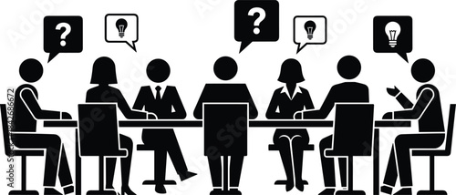 Business team brainstorming around table with question and idea icons representing problem solving, creativity, discussion, and collaboration