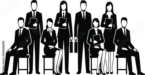 Business team portrait with professionals in formal attire holding documents, corporate group standing and sitting in office illustration