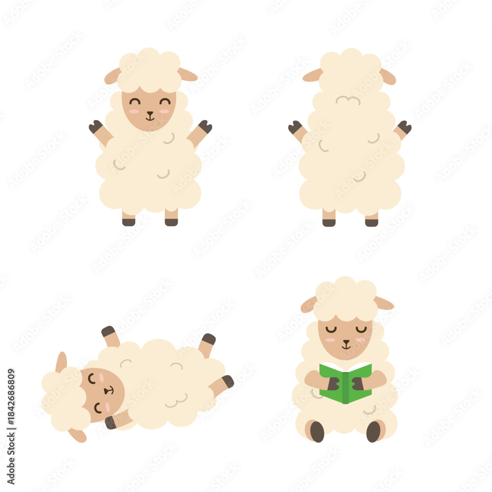 Obraz premium Cute sheep characters set. Adorable cartoon farm animal in different poses, waving hands, reading a book, and lying down. Sweet vector collection for kids.