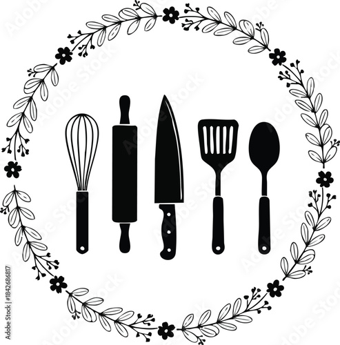 Kitchen Tools and Floral Wreath Illustration for Baking and Cooking Themes