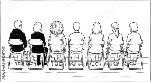 Group of people sitting in chairs from behind in meeting or support session setting, rear view line drawing illustration