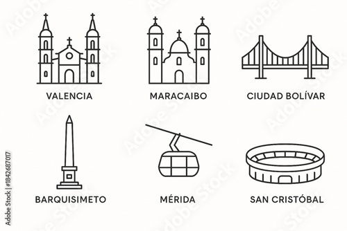 Venezuelan capital city structures icons in minimalist line vector grid with geometric clarity on white background