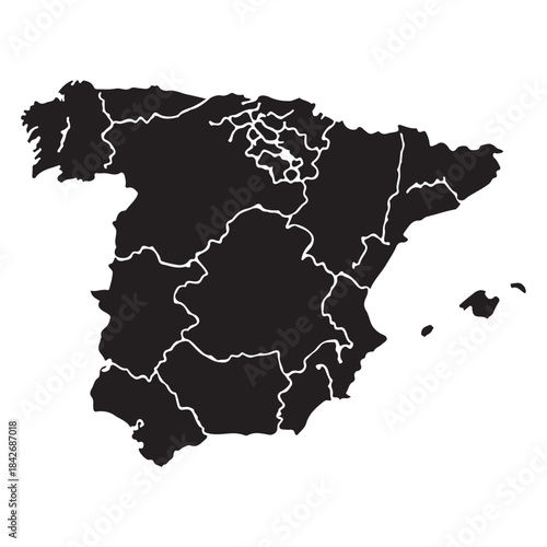 Black silhouette map of spain with internal regional borders