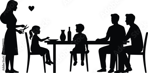 Mother preparing food while children and family sit together at dining table in loving home scene