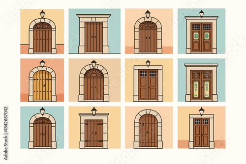 Venezuelan colonial doors icons in flat decorative vector grid with vintage pastel palette on white background