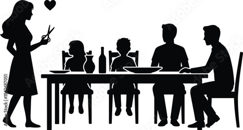 Mother preparing meal while children and family sit together at dining table in warm home scene