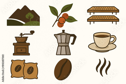 Venezuelan coffee culture icons in elegant flat vector grid with warm organic palette on white background