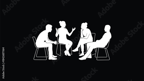 People sitting in chairs having group discussion, casual meeting or conversation concept in simple silhouette illustration on black background