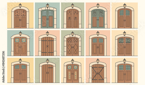 Venezuelan colonial doors icons in flat decorative vector grid with vintage pastel palette on white background