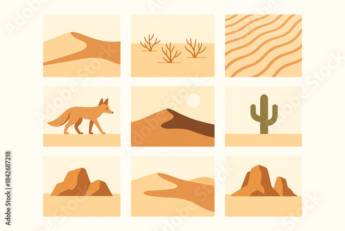 Venezuelan desert and dune icons in minimalist flat vector grid with soft warm palette on white background