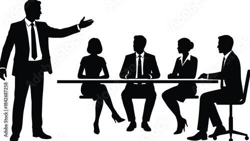 Silhouette business leader presenting to seated team at table, corporate communication, leadership discussion, teamwork meeting, professional workplace collaboration scene