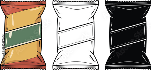 Chips packet silhouette & Outline and illustration set isolated on transparent background