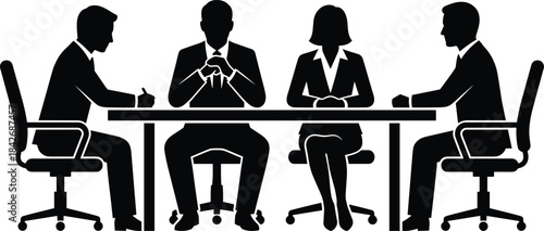 Silhouette business meeting with four professionals sitting at conference table discussing ideas and strategy in office environment