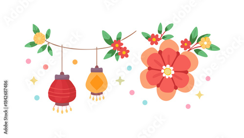 Celebrate Lunar New Year with festive lanterns, flowers, and lucky charms for prosperity .vector icon