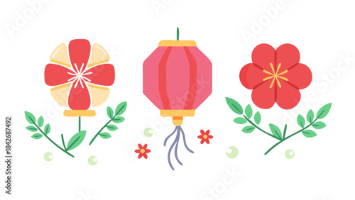 Celebrate Lunar New Year with festive lanterns, flowers, and lucky charms for prosperity .vector icon