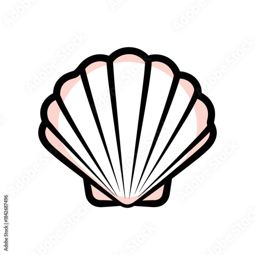 Stylized illustration of a single scallop seashell.