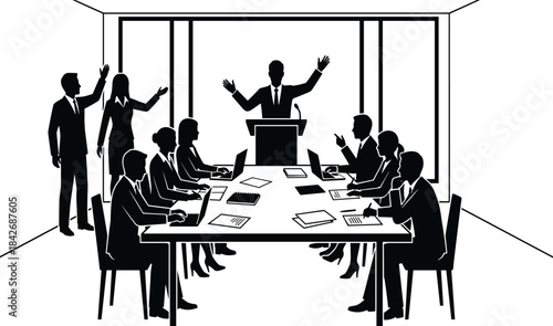 Silhouette business meeting with leader presenting at podium to team using laptops in conference room discussion setting