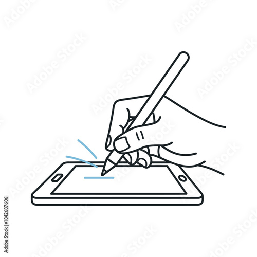 Hand holding stylus pen and writing on digital tablet screen