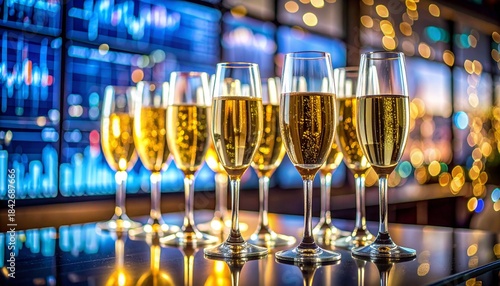 Sparkling Champagne Toast:  A celebratory arrangement of champagne flutes filled with bubbly, reflecting the ambient light of a festive gathering. 