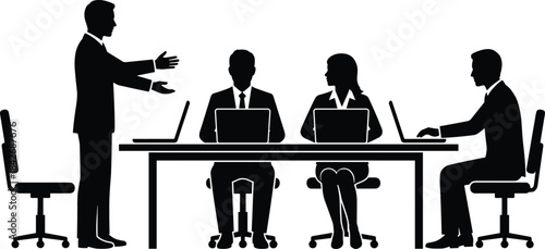 Silhouette business meeting with presenter addressing team using laptops, corporate discussion, teamwork communication and professional workplace collaboration scene