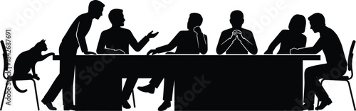 Silhouette business meeting with team discussing ideas around table while office cat sits nearby, collaboration, conversation, teamwork and workplace scene