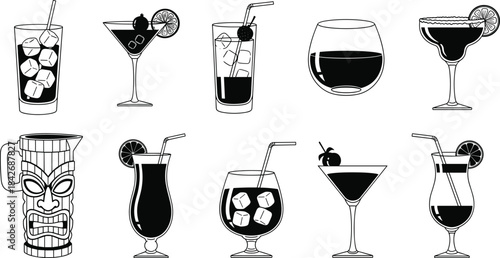 Set of ten black and white alcoholic cocktail drink glasses including martini margarita and tiki mug isolated on white background vector illustration.