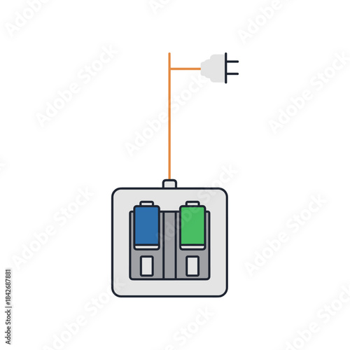 Two batteries charging in a wall socket with a plug.