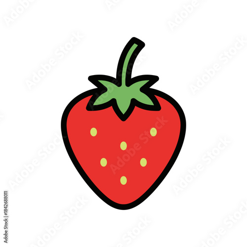 Vibrant illustration of a ripe strawberry with green leaves and a black outline.