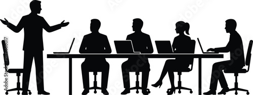 Silhouette business team in meeting with laptops listening to presenter, corporate discussion teamwork collaboration and workplace communication scene