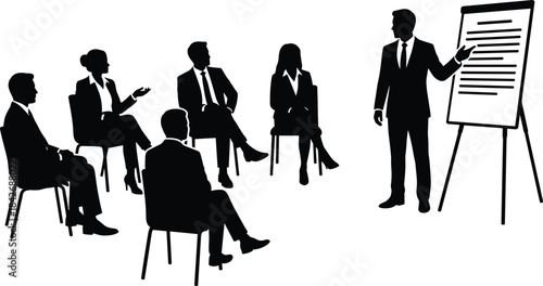 Silhouette business team attending presentation with speaker at flip chart, corporate training, leadership communication, professional meeting and group discussion