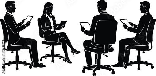 Silhouette business team seated in office using digital tablets, corporate collaboration, modern workplace communication, technology meeting and professional discussion scene