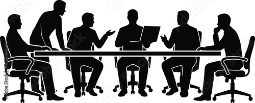 Silhouette business team sitting around table discussing documents, corporate meeting, teamwork communication, leadership decision-making, professional collaboration and planning scene
