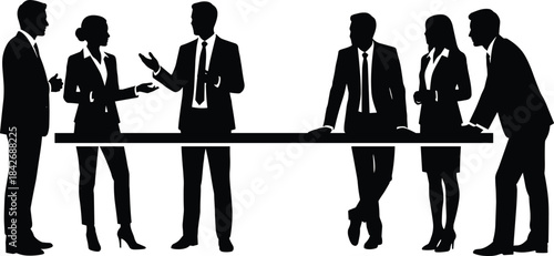 Silhouette business team standing around table discussing ideas, teamwork communication, corporate collaboration, leadership strategy meeting, professional workplace interaction