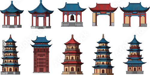 Set of traditional Chinese architecture vector illustrations featuring pagodas gazebos and gates with red pillars and blue roofs isolated on white background