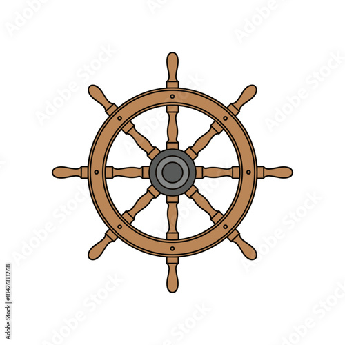 Vintage Wooden Ship Steering Wheel Nautical Icon.