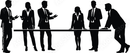 Silhouette business team standing around table discussing strategy, corporate collaboration, leadership communication, teamwork planning, professional workplace decision-making scene