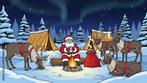 Santa's Winter Camp: Santa takes a tranquil moment by the campfire in a snowy winter camp. Surrounded by reindeer and the glow of the Northern Lights, embracing the spirit of holiday cheer.