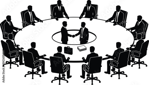 Silhouette executives seated around large round table as two leaders shake hands, corporate negotiation, teamwork agreement, professional business meeting scene