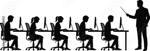 Silhouette computer training class with instructor guiding students, office learning environment, digital skills education, professional development and teamwork session